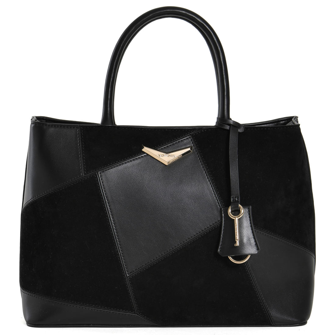 Bolsa Tote Geométrica Via Marte Preta com design geométrico em couro preto, detalhes em dourado e alça transversal ajustável